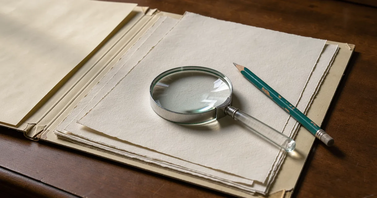 Open cream file folders, a glass magnifier and a teal pencil on a burnt sienna desk