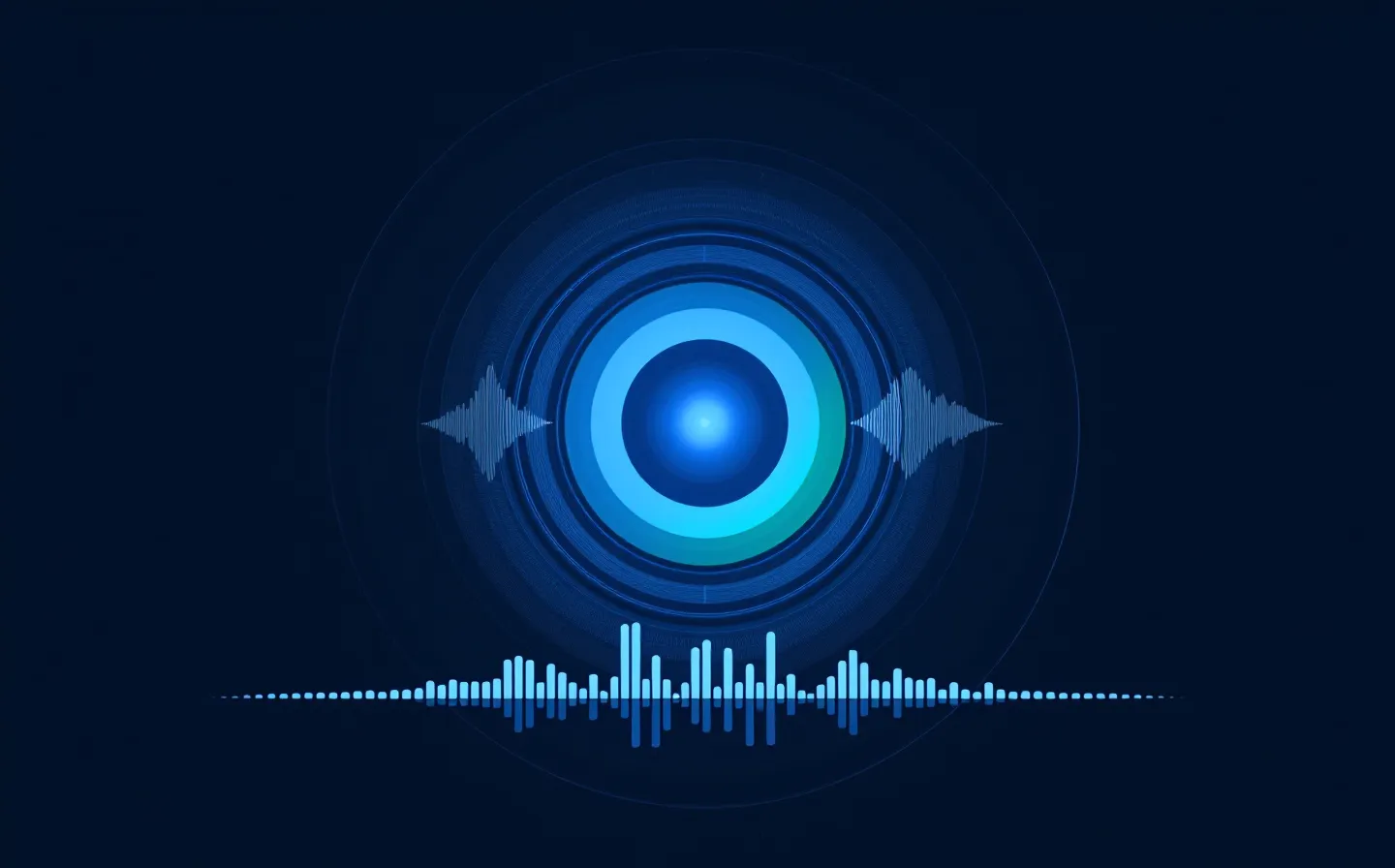 Abstract concentric sound-wave rings in electric blue fading outward into a blue-black ground with one brighter green restored ring cutting back through them
