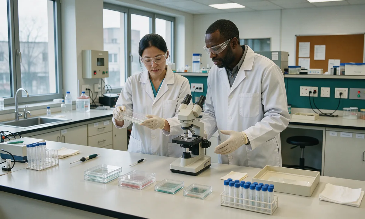 Two laboratory staff examining culture dishes at a cream workbench with teal equipment