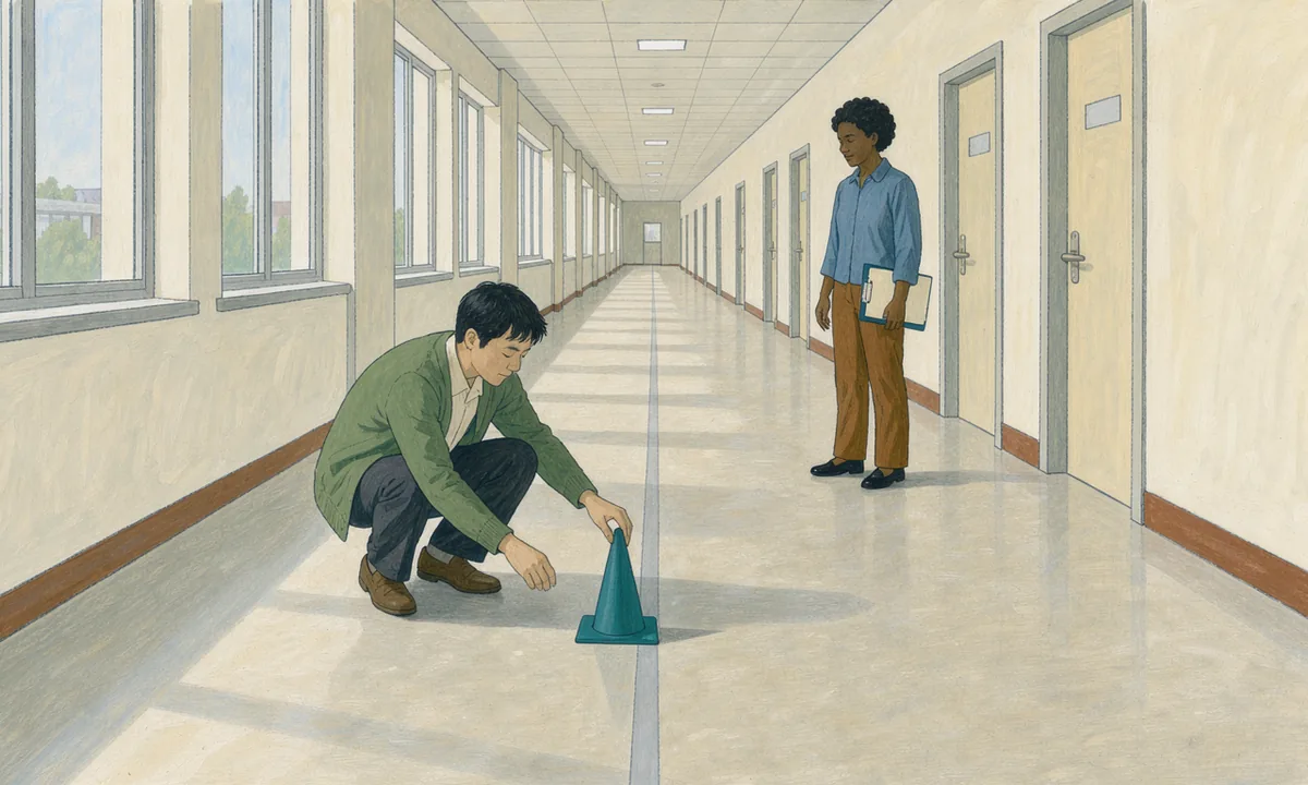 Research staff arranging plain floor cones along a quiet corridor for a walking measurement